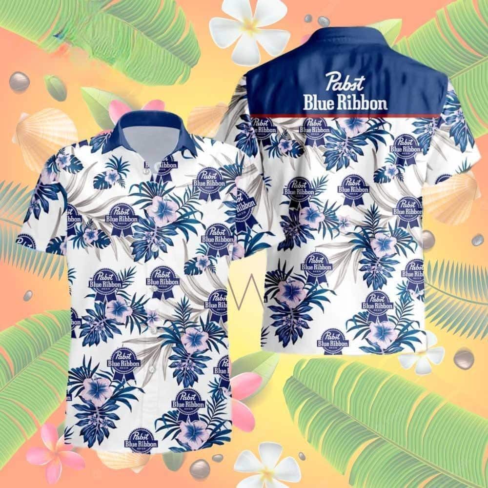 Pabst Blue Ribbon Hawaiian Shirt Hibiscus Flower Summer Holiday Gift