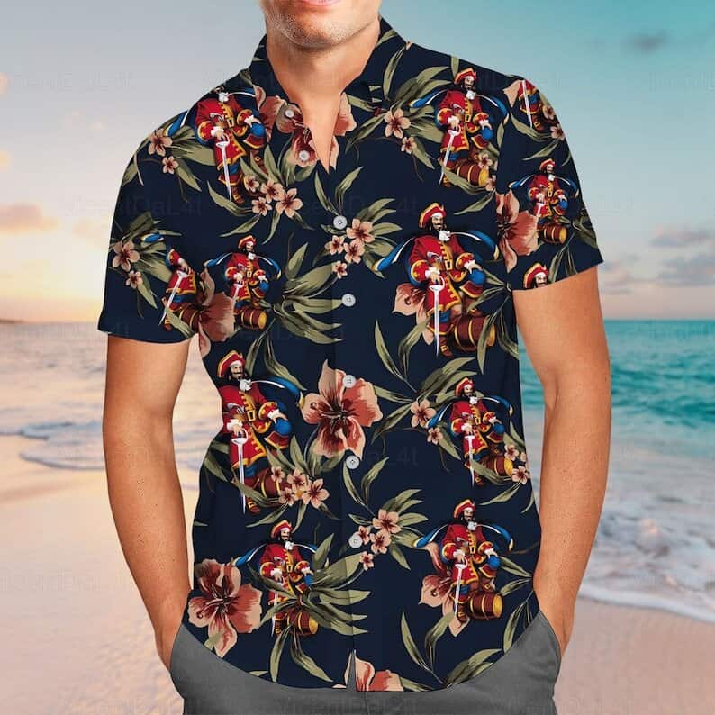 Black Captain Morgan Hawaiian Shirt Hibiscus Flower Summer Gift