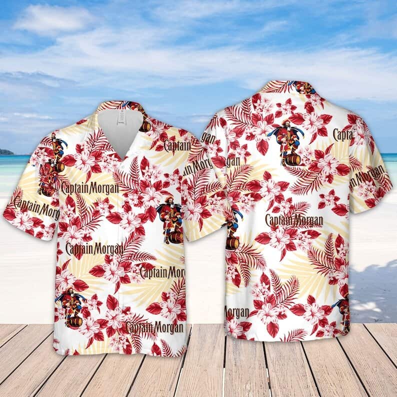 White Aloha Captain Morgan Hawaiian Shirt Hibiscus Flower Gift For Family