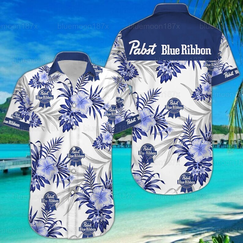 Pabst Blue Ribbon Hawaiian Shirt Tropical Flower Gift For Him