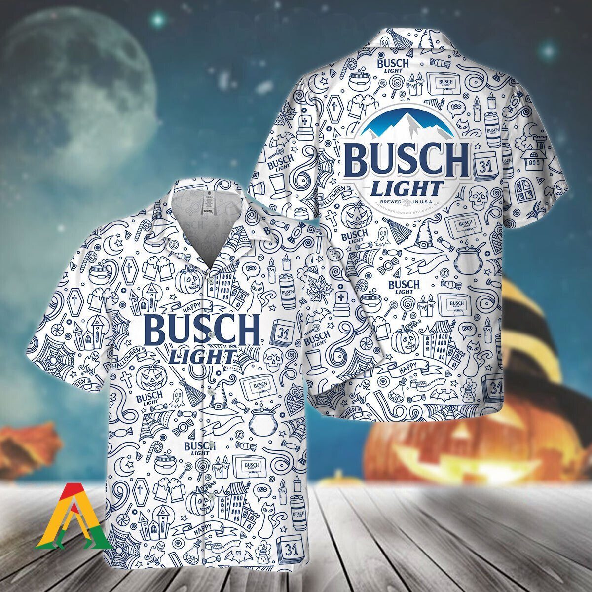 Busch Light Hawaiian Shirt Happy Halloween Doodle Art Gift For Beer Lovers