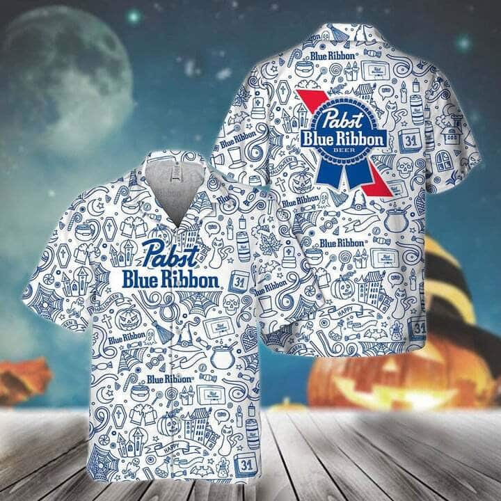 Pabst Blue Ribbon Beer Hawaiian Shirt Happy Halloween Doodle Art Gift For Her