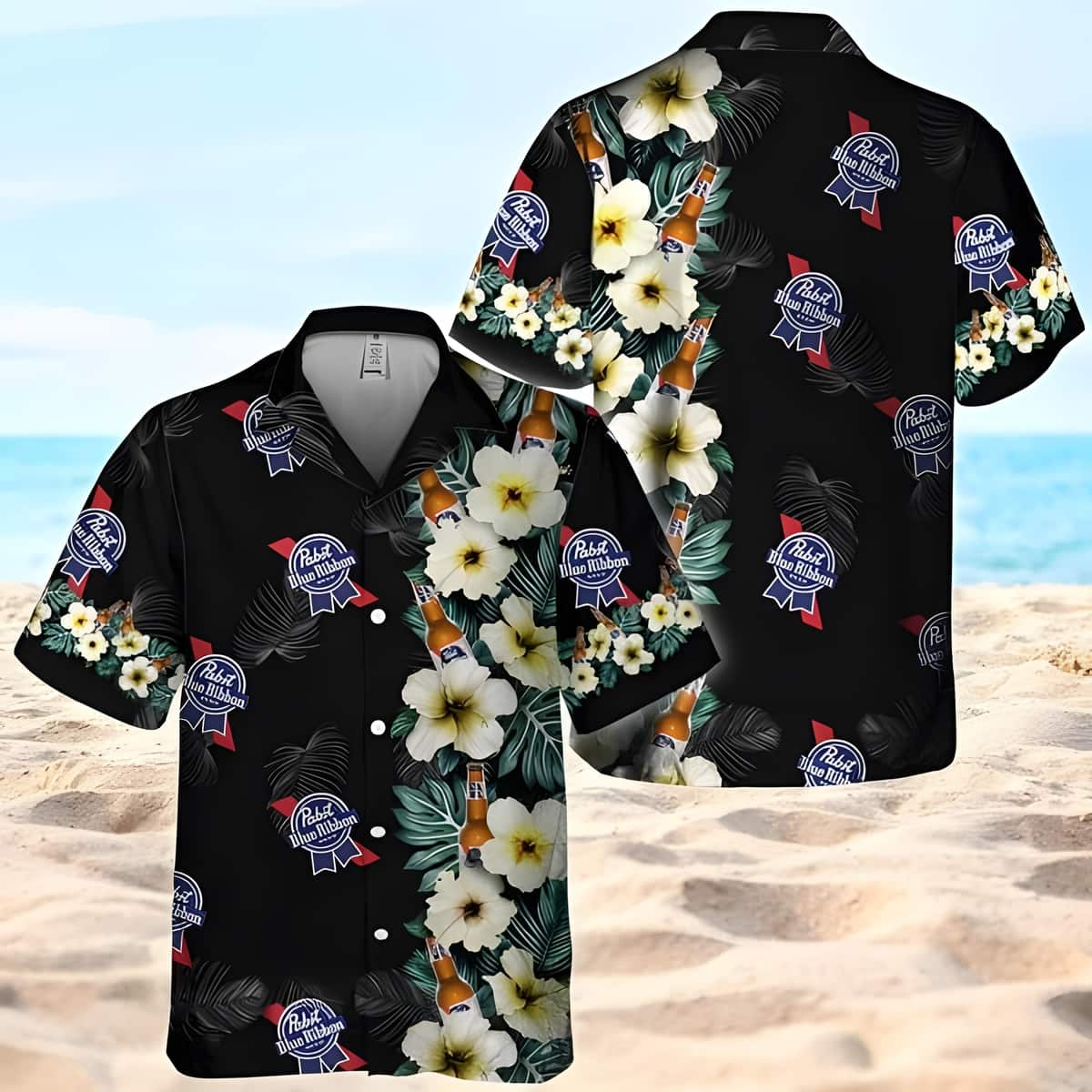 Black Pabst Blue Ribbon Hawaiian Shirt Hibiscus Flower Gift For Best Friend