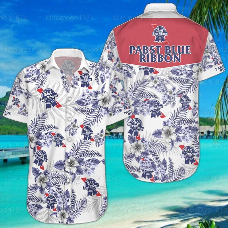 Classic Pabst Blue Ribbon Beer Hawaiian Shirt Tropical Flower Gift For Beer Enthusiast