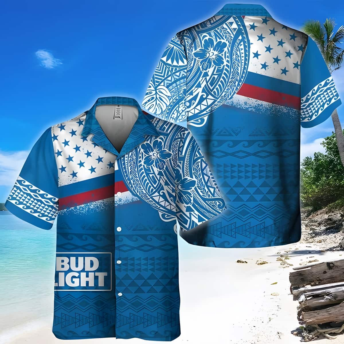 Blue Bud Light Hawaiian Shirt Polynesian Summer Gift