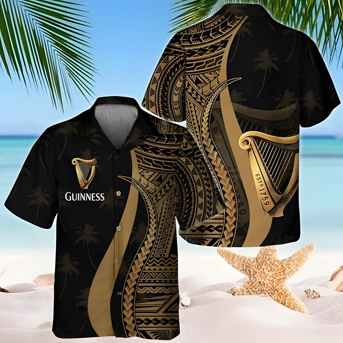 Stylish Guinness Hawaiian Shirt Gold Polynesian Beach Lovers Gifts