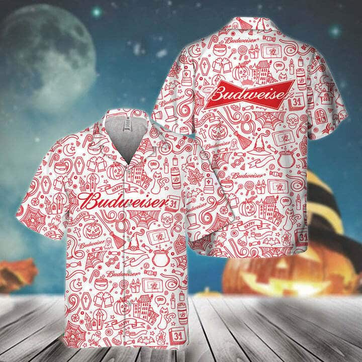 Happy Halloween Doodle Art Budweiser Hawaiian Shirt Gift For Whiskey Lovers