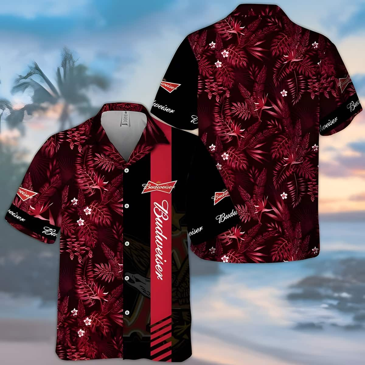 Budweiser Hawaiian Shirt Red Tropical Foliage Gift For Beer Enthusiast