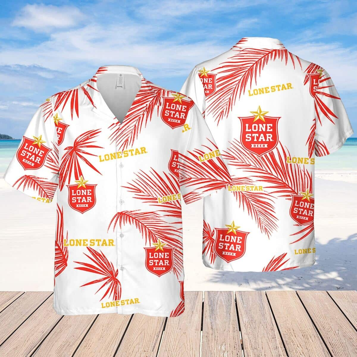 White Lone Star Beer Hawaiian Shirt Tropical Palm Leaves