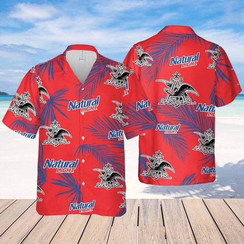 Red Aloha Natural Light Beer Hawaiian Shirt Palm Leaves Gift For Boyfriend