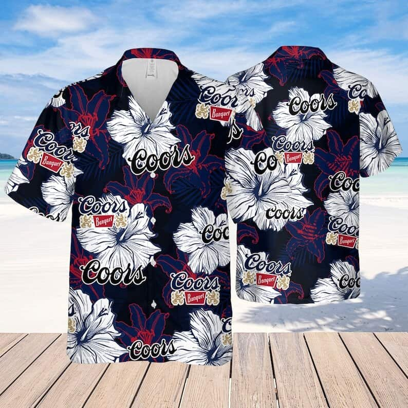 Black Coors Banquet Beer Hawaiian Shirt Beach White Flowers