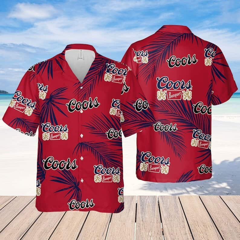 Red Coors Banquet Beer Hawaiian Shirt Palm Leaves