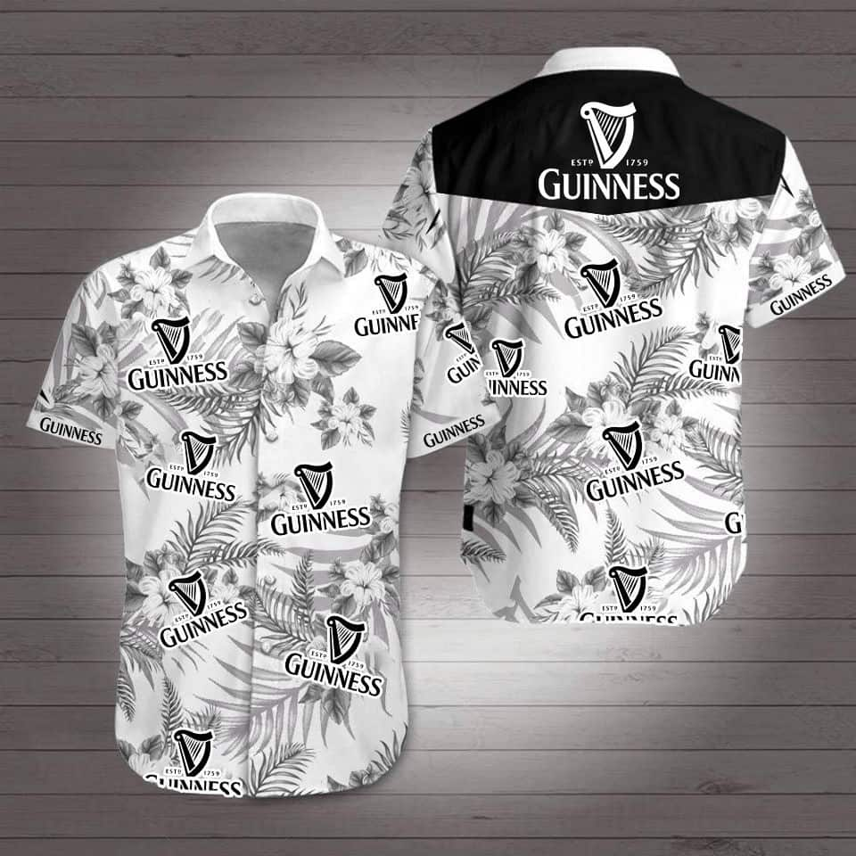 Black And White Guinness Hawaiian Shirt Tropical Flora Gift For Friend