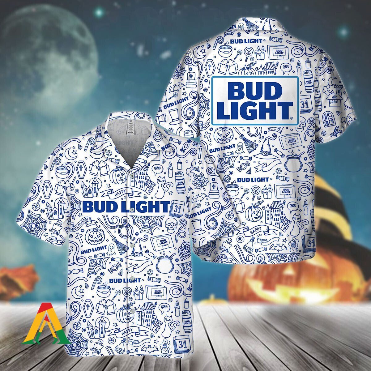 Halloween Doodle Art Bud Light Hawaiian Shirt Gift For Beer Drinkers