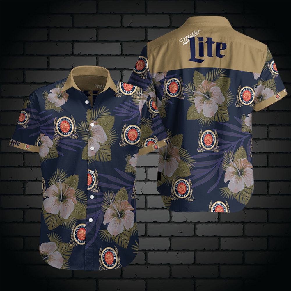 Vintage Miller Lite Hawaiian Shirt Tropical Hibiscus Summer Gift For Holiday Trip