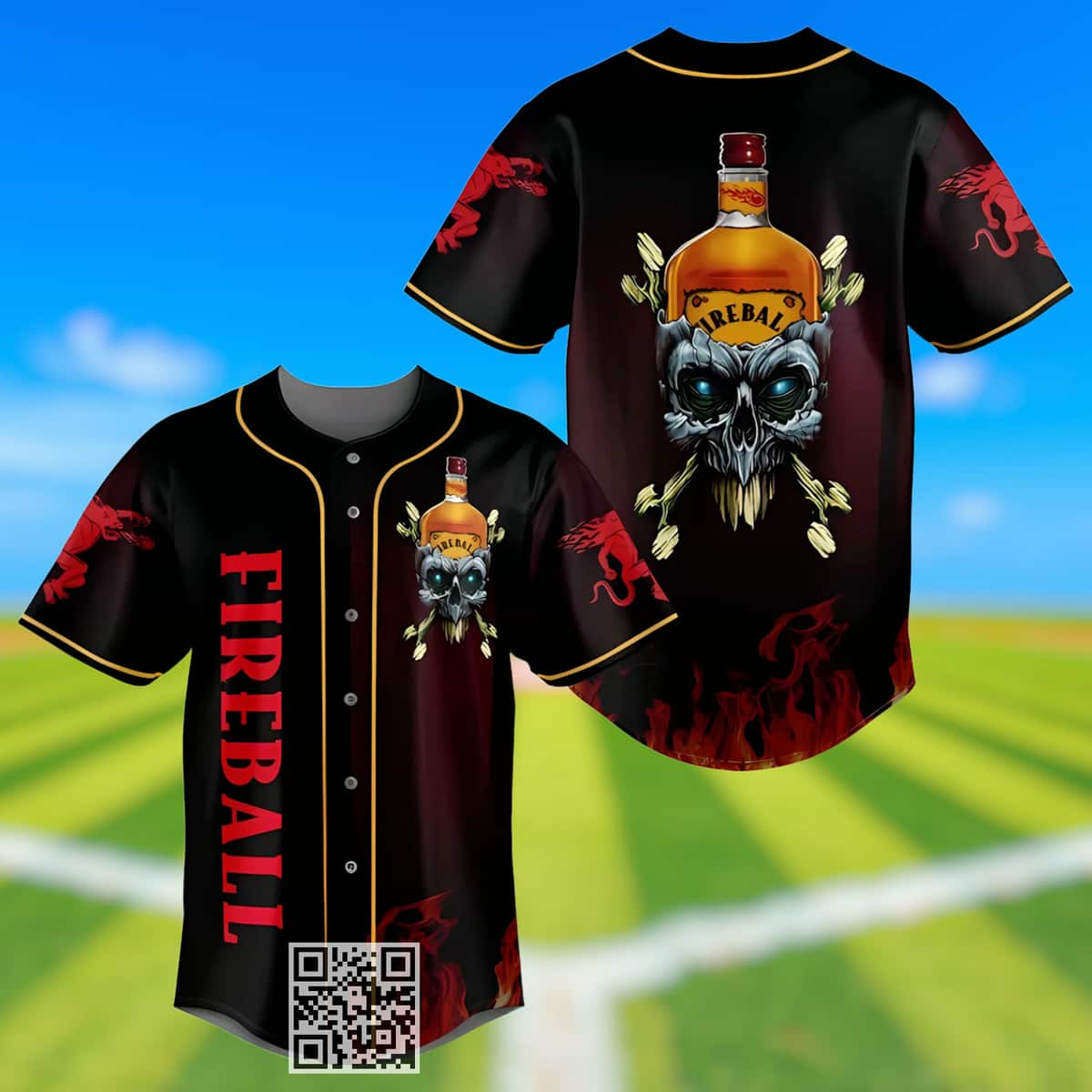 Fireball Skull Baseball Jersey Fire Pattern Gift For Sport Dad