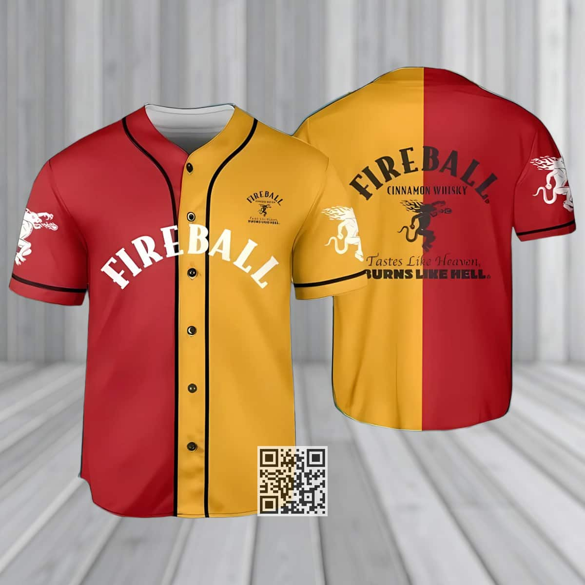 Yellow And Red Split Fireball Baseball Jersey Tastes Like Heaven Burns Like Hell