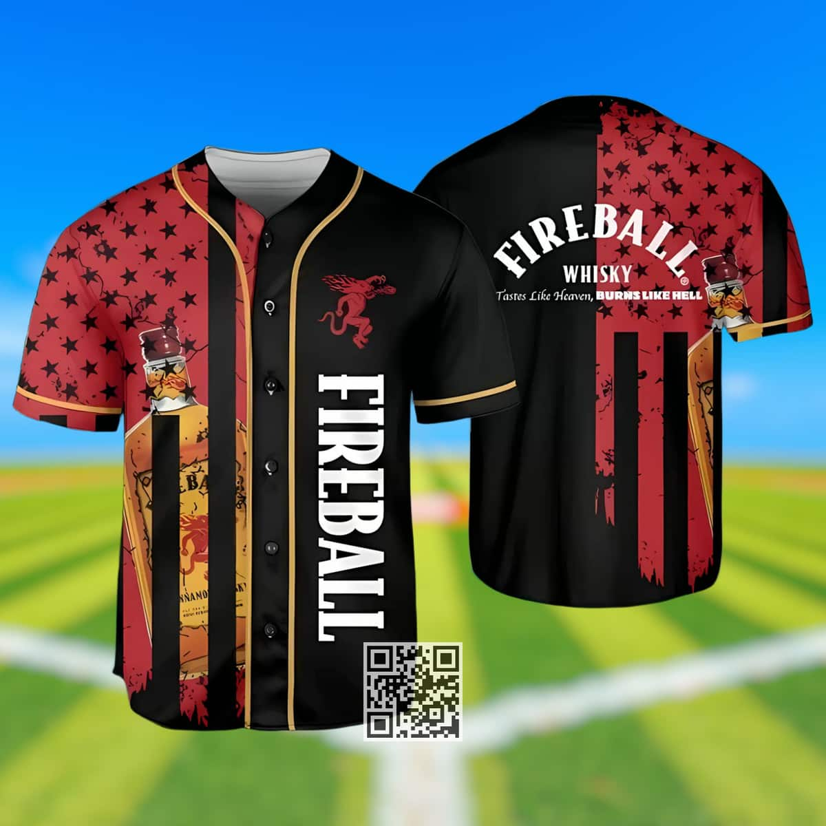 Fireball US Baseball Jersey Gift For Whisky Lovers Tastes Like Heaven Burns Like Hell