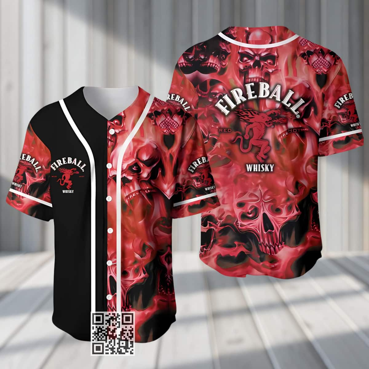 Fireball Baseball Jersey Fire Skull Pattern Gift For Whisky Lovers