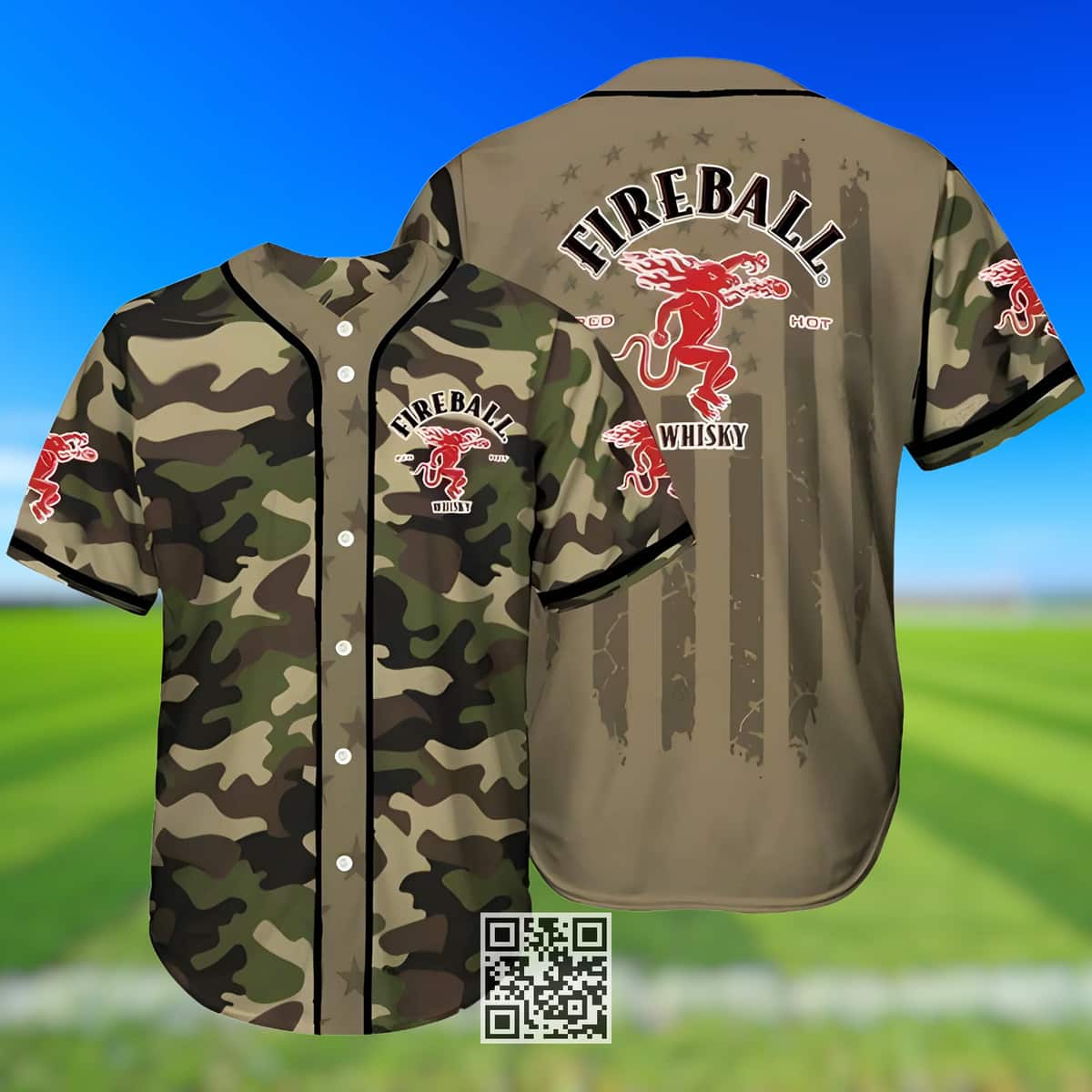 Camouflage Green Brown Fireball Baseball Jersey Gift For Whisky Lovers Camouflage Green Brown Fireball Baseball Jersey Gift For Whisky Lovers