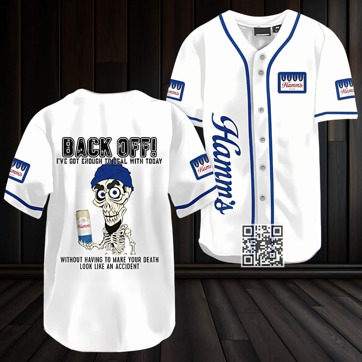 Achmed Back Off With Hamm’s Beer Baseball Jersey Achmed Back Off With Hamm’s Beer Baseball Jersey