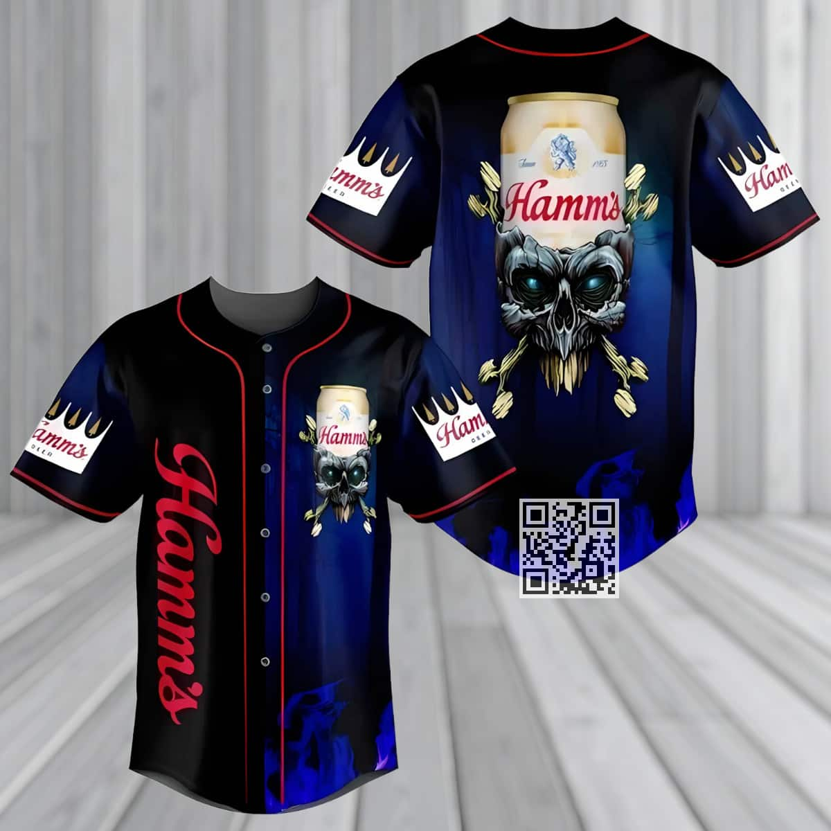 Hamm’s Beer Skull Baseball Jersey Blue Fire Pattern