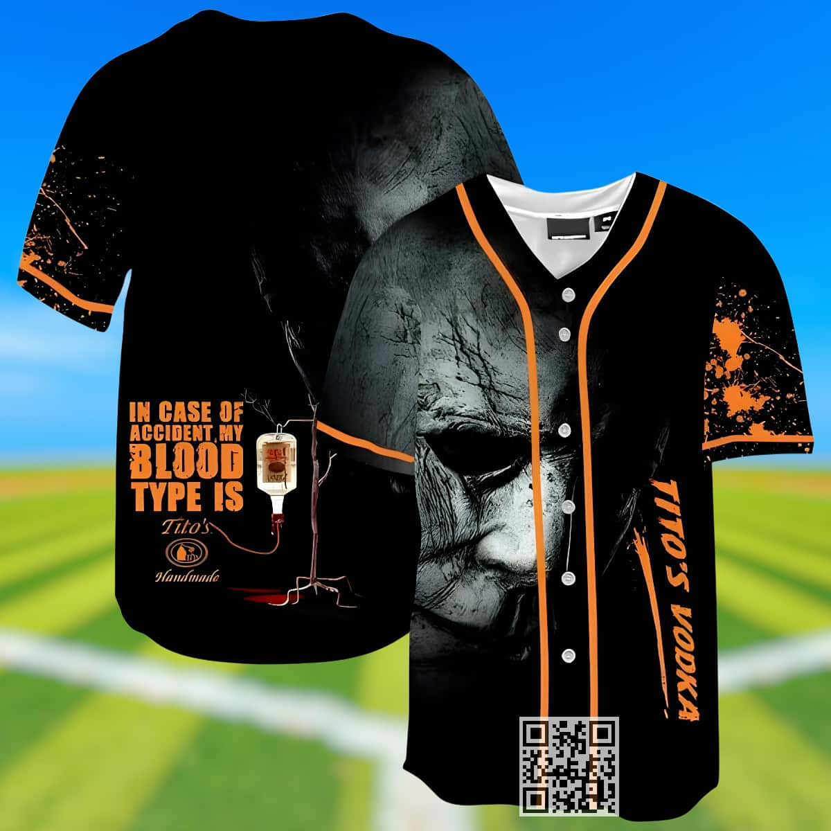 Michael Myers In Case Of Accident My Blood Type Is Tito's Vodka Baseball Jersey