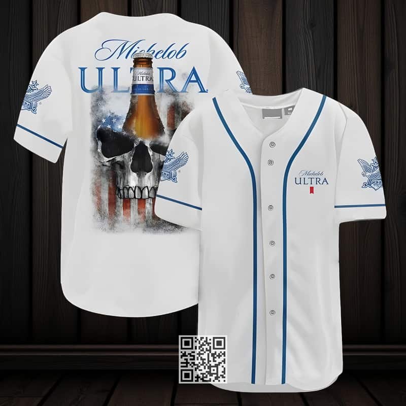 White Michelob ULTRA Baseball Jersey US Flag Black Skull White Michelob ULTRA Baseball Jersey US Flag Black Skull