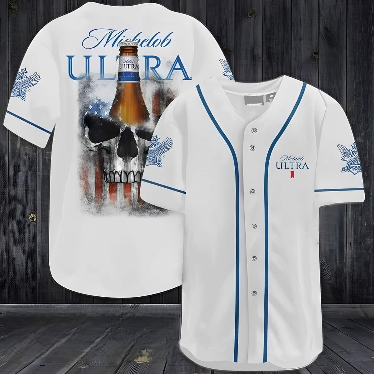 White Michelob ULTRA Baseball Jersey US Flag Black Skull Gift For Husband