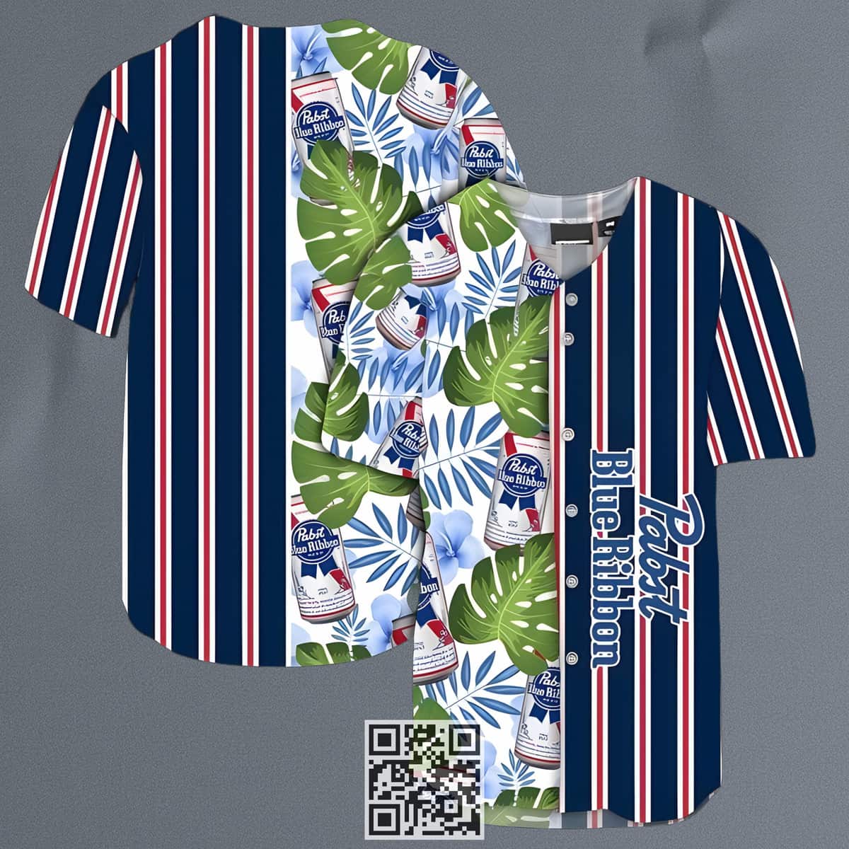 Pabst Blue Ribbon Beer Baseball Jersey Striped And Palm Leaves Pattern Pabst Blue Ribbon Beer Baseball Jersey Striped And Palm Leaves Pattern