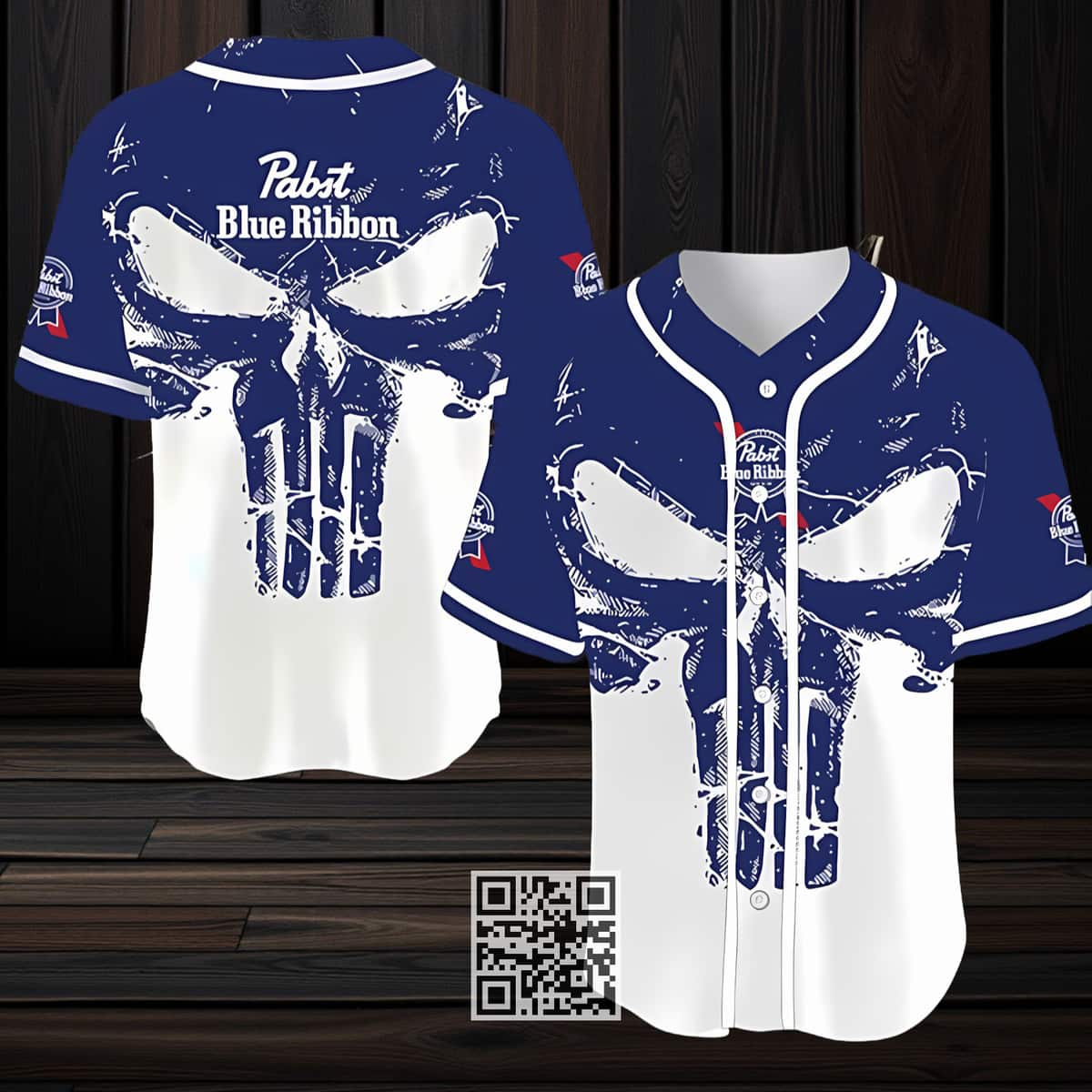 Pabst Blue Ribbon Beer Baseball Jersey Blue Retro Skull