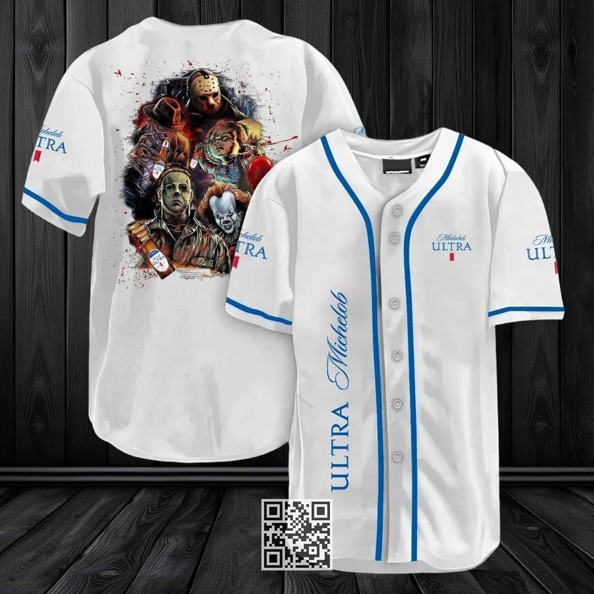 White Michelob ULTRA Baseball Jersey Halloween Horror Characters White Michelob ULTRA Baseball Jersey Halloween Horror Characters
