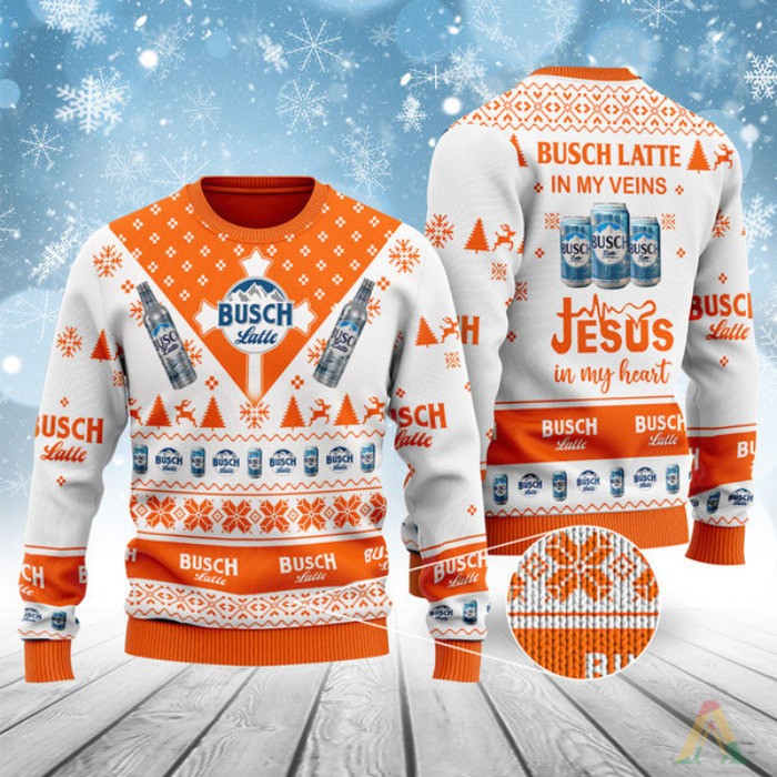 Busch Latte Beer In My Veins Jesus In My Heart Ugly Christmas Sweater