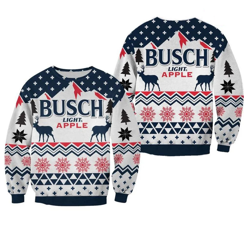 Vintage Busch Light Apple Beer Ugly Christmas Sweater Christmas Deers And Snowflakes