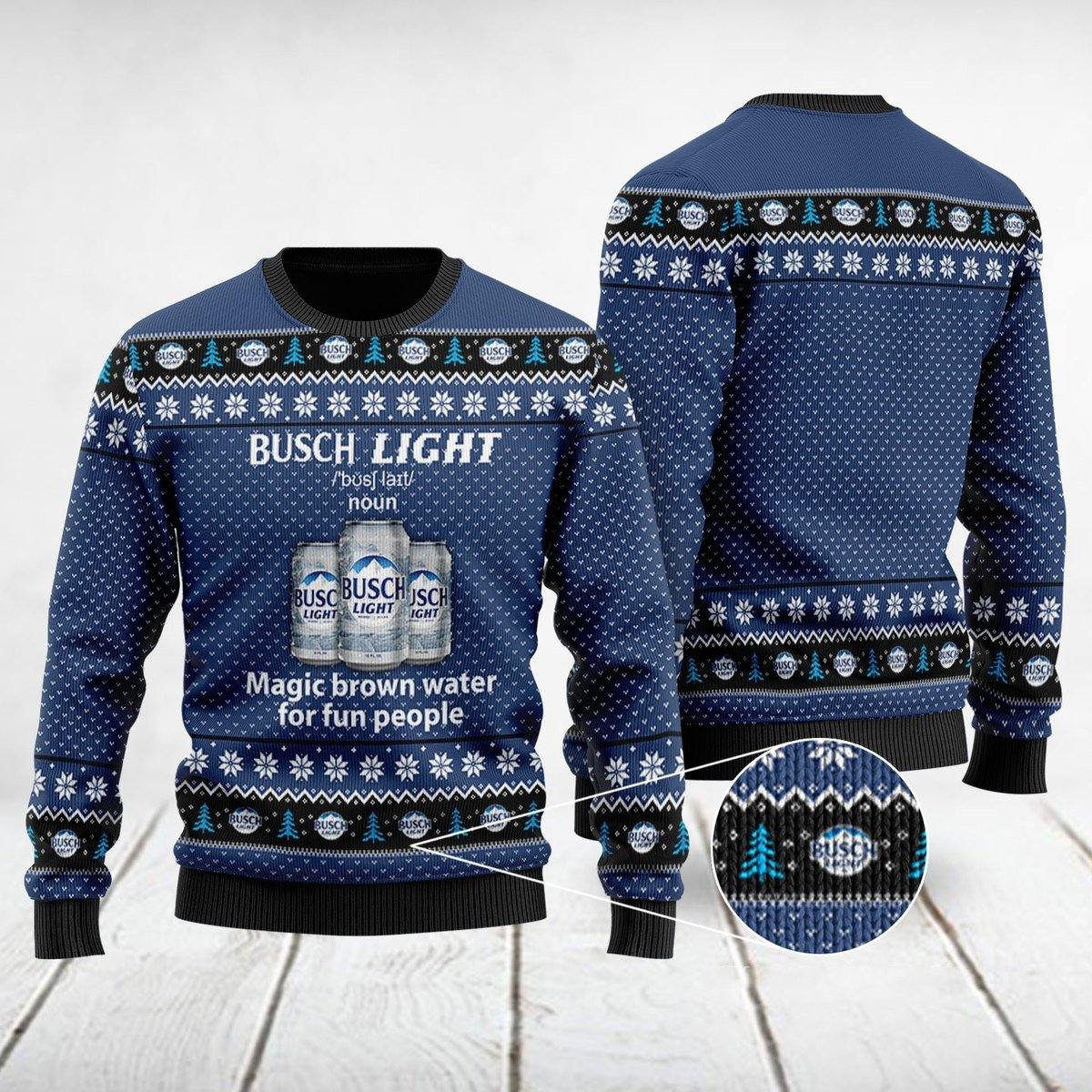 Busch Light Beer Ugly Christmas Sweater Funny Magic Brown Water For Fun People 