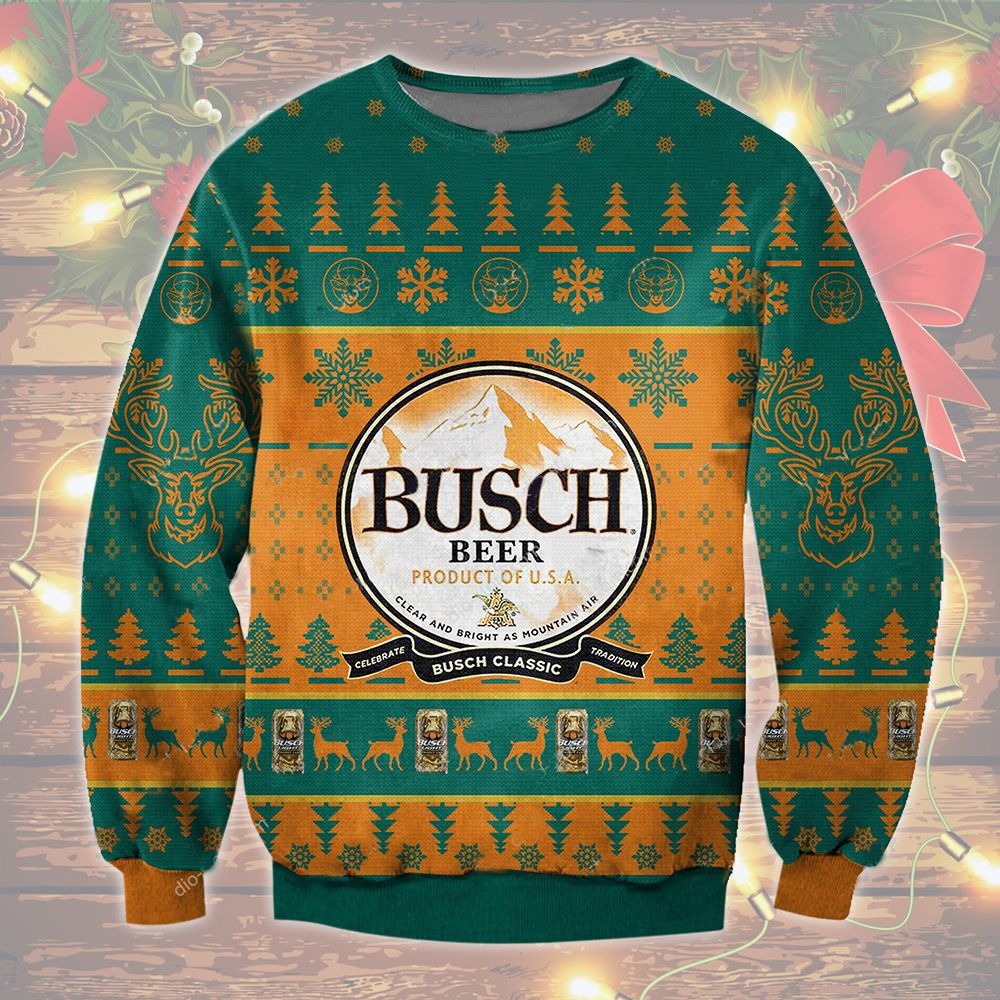 Busch Beer Ugly Christmas Sweater Clear And Bright As Moutain Air