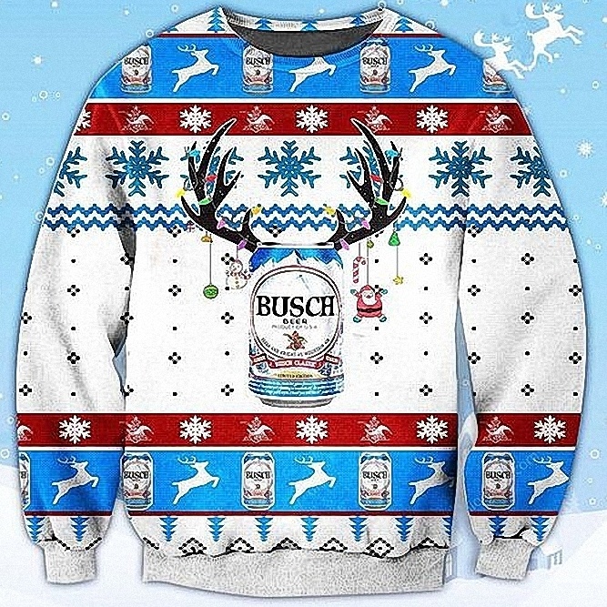 Busch Beer Ugly Christmas Sweater Deer In Snowflakes