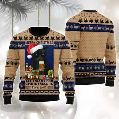 Black Cat All I Want For Christmas Is Coors Banquet Beer Ugly Christmas Sweater Black Cat All I Want For Christmas Is Coors Banquet Beer Ugly Christmas Sweater