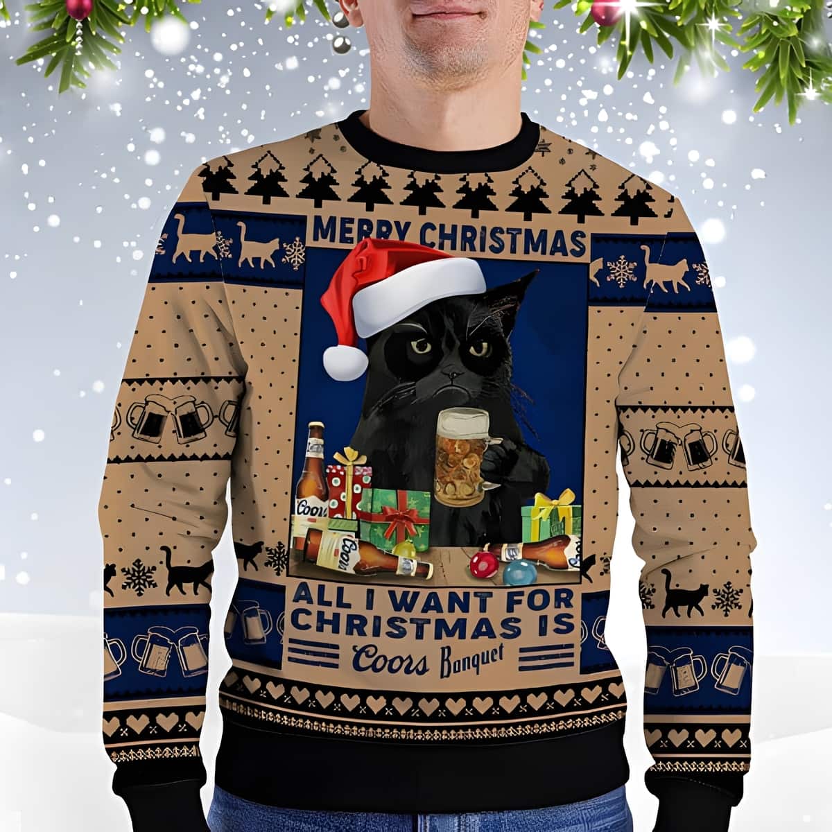 Black Cat All I Want For Christmas Is Coors Banquet Beer Ugly Christmas Sweater Black Cat All I Want For Christmas Is Coors Banquet Beer Ugly Christmas Sweater