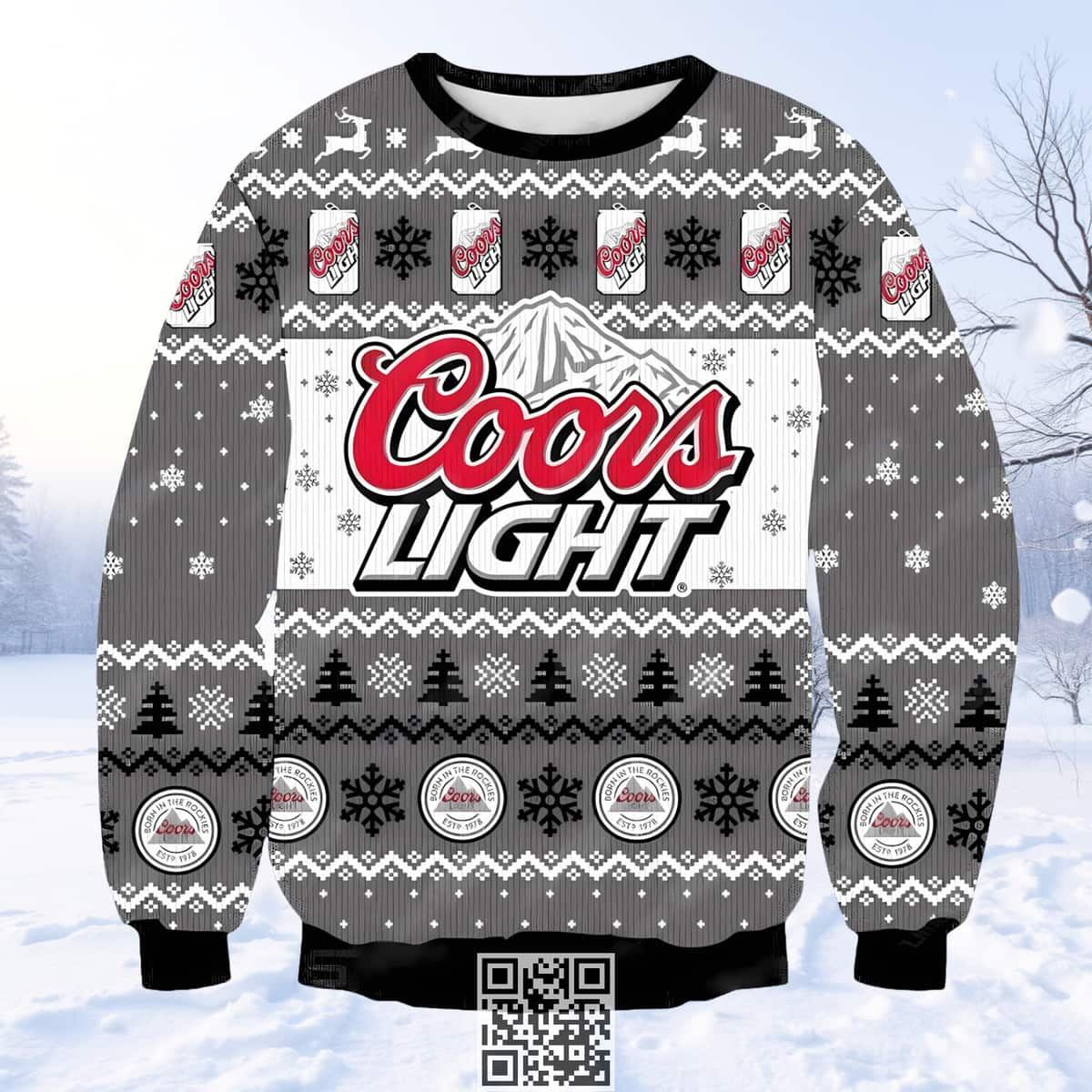 Coors Light Beer Ugly Christmas Sweater Gray And White Snowflakes Pine Trees