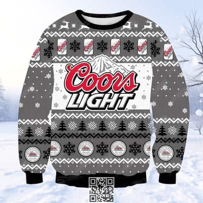 Coors Light Beer Ugly Christmas Sweater Gray And White Snowflakes Pine Trees