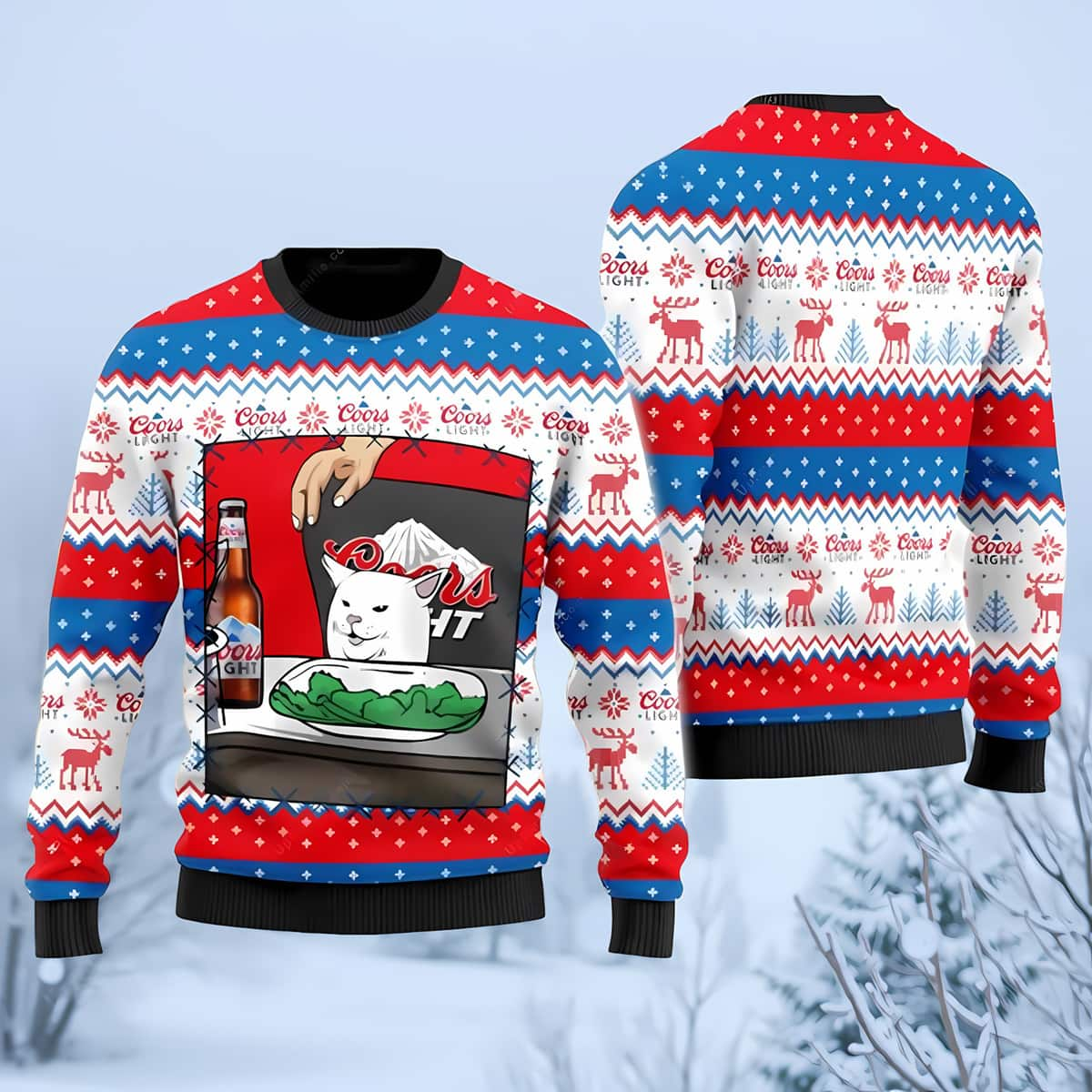 Coors Light Ugly Christmas Sweater Funny Cat Meme Gift For Family