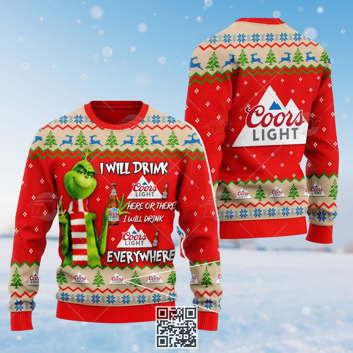 Grinch I Will Drink Coors Light Beer Everywhere Ugly Christmas Sweater