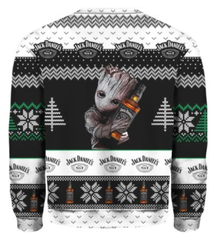 Black And White Marvel Groot Loves Jack Daniels Ugly Christmas Sweater Gift For Whiskey Drinkers