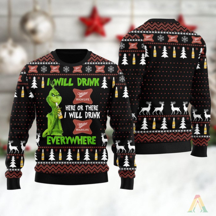 Miller High Life Beer Ugly Christmas Sweater I Will Drink Here Or There