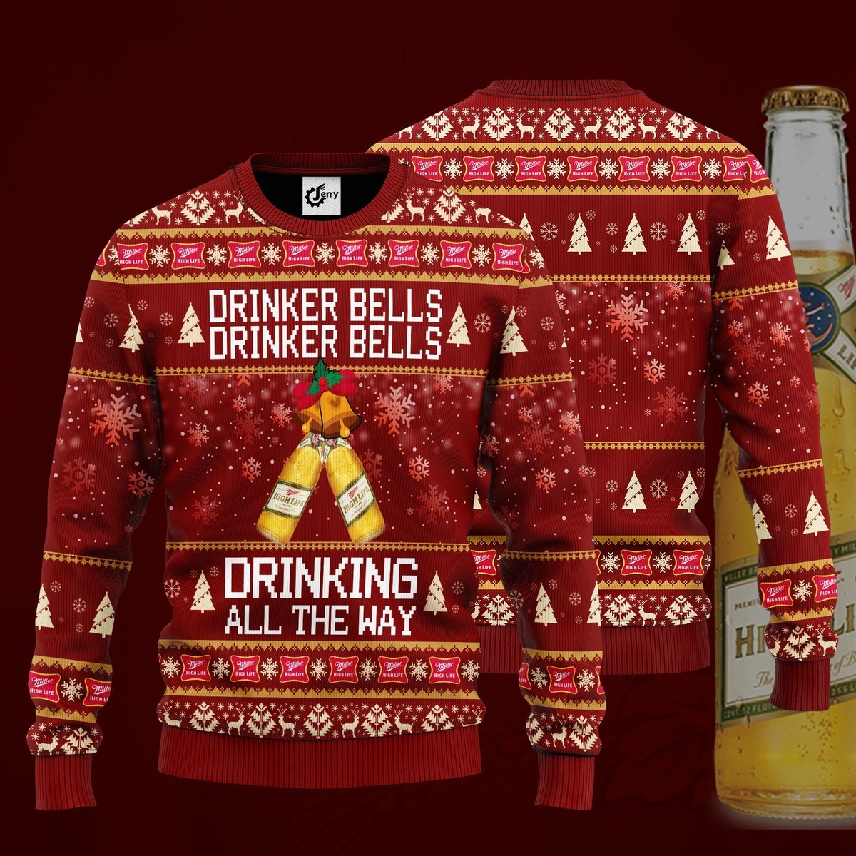 Miller High Life Ugly Christmas Sweater Drinker Bells Drinking All The Way Beach Lovers Gift