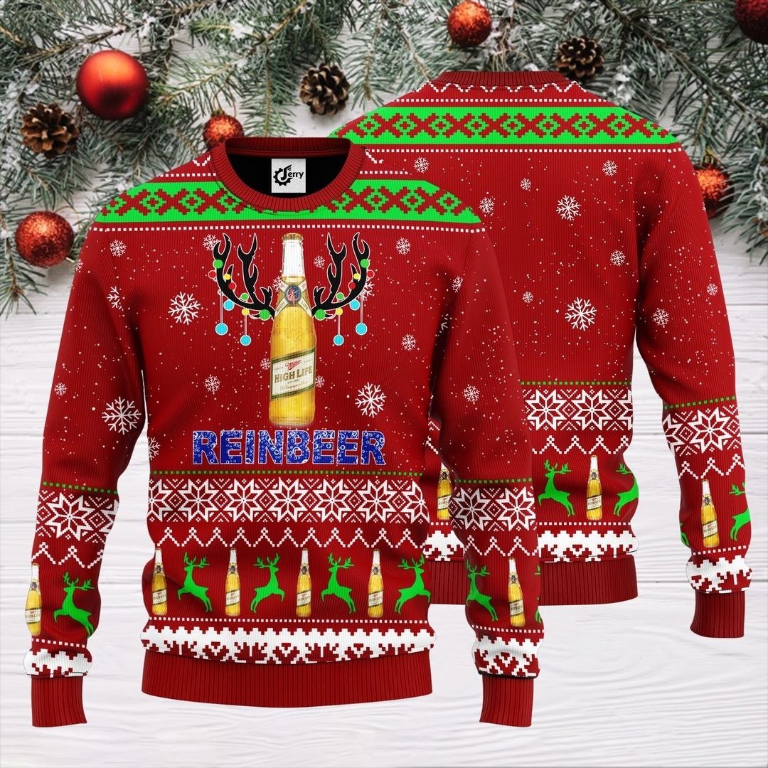 Miller High Life Beer Ugly Christmas Sweater Reinbeer Halloween Gift