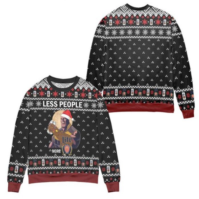 Thanos Less People More Miller Lite Beer Ugly Christmas Sweater Snowflake Pattern