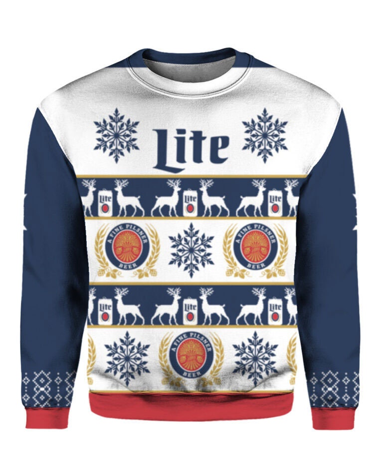 Miller Lite Beer Ugly Christmas Sweater Reindeer Snowflakes Pattern Gift For Friends