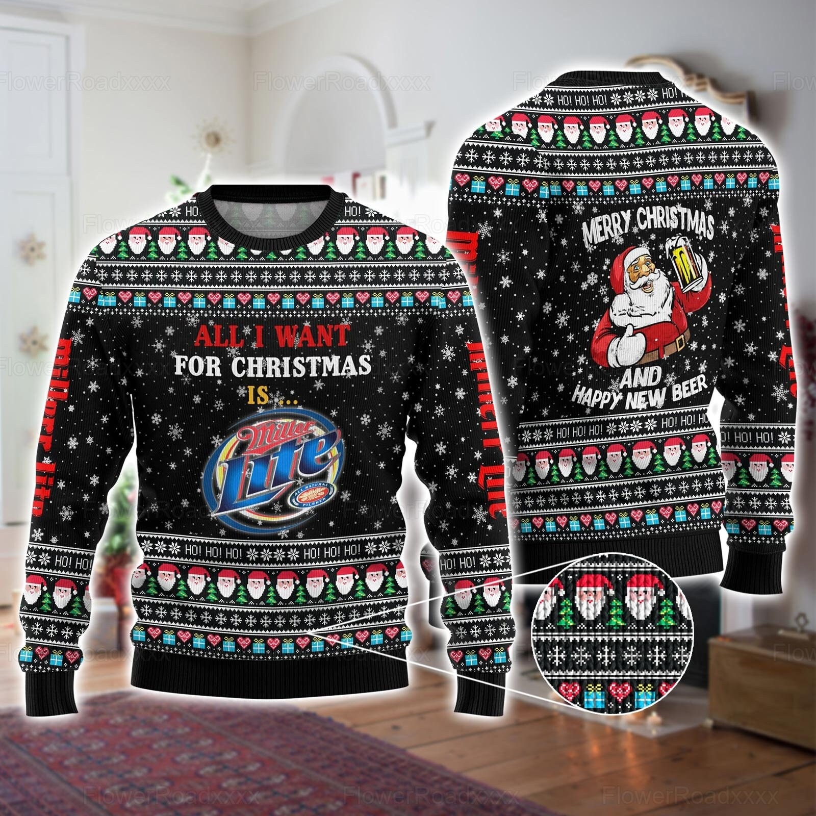 Funny All I Want For Christmas Is Miller Lite Beer Ugly Christmas Sweater